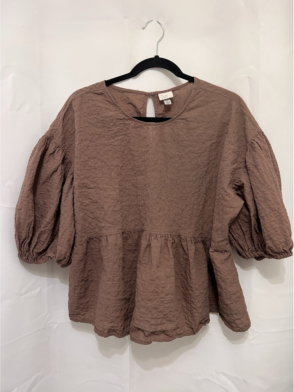 A New Day Women's XL Mauve Brown Textured Peplum Blouse Balloon Sleeve Top